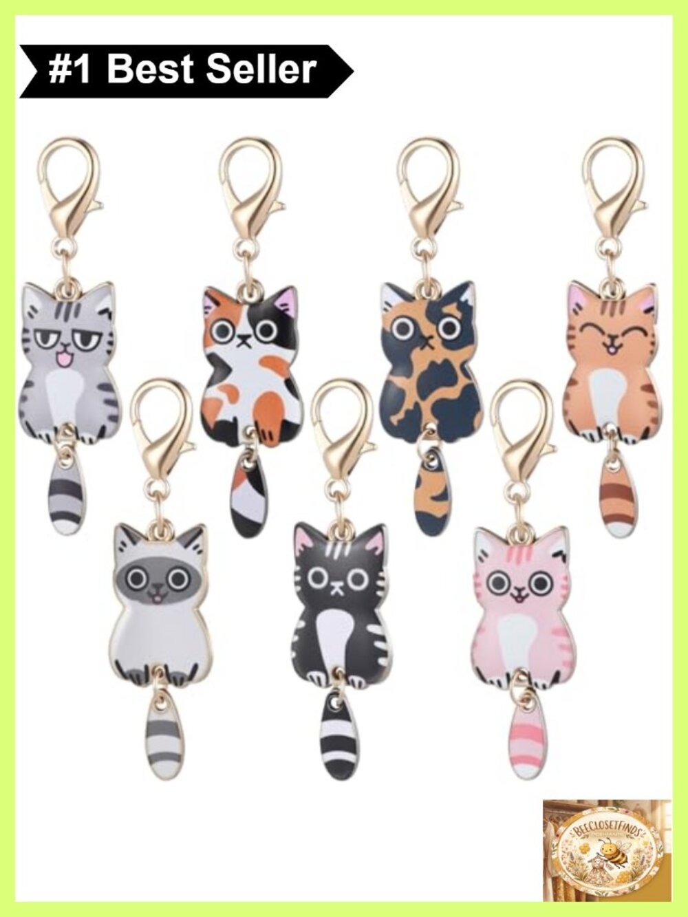 Cat Keychain Set of 7 Alloy Charms Compact Lightweight Purse Bag